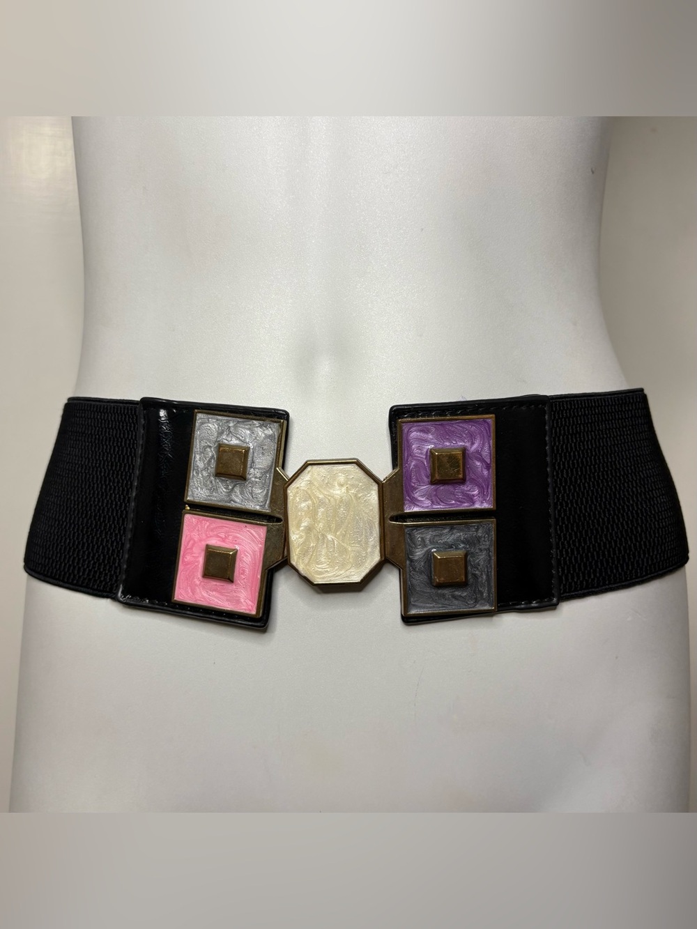 Vintage 80s/90s Jewel Tone Shimmery Enamel Statement Buckle Stretch Waist Belt